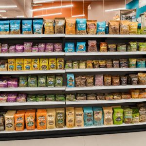 Dog food varieties on a store shelf