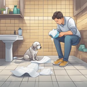 an image of a man and a dog with a diarrhea mess to clean up