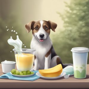 an image of a dog with yogurt drink on a table
