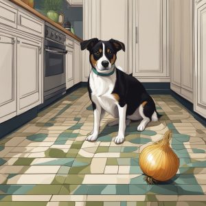 an image of a jack russell terrier in a kitchen looking at an onion