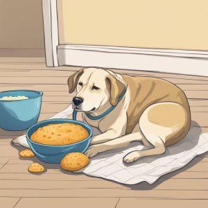 an image of a dog by a bowl of bread dough on the floor
