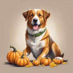 an image of a happy dog with pumpkins