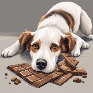 image of a dog with broken chocolate bits looking sick