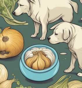 An image of two dogs eyeing onions in their feed bowl.