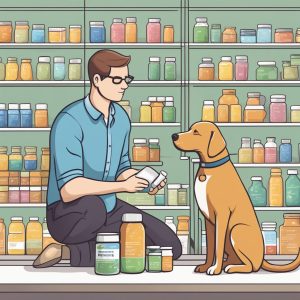 man with dog picking out a probiotic