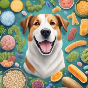 A dog with a collage of nutrient dense foods