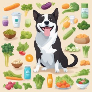 dog with probiotics and healthy foods